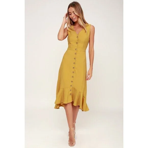Lulu's Mustard Button-Up Midi Dress - Picture 1 of 8